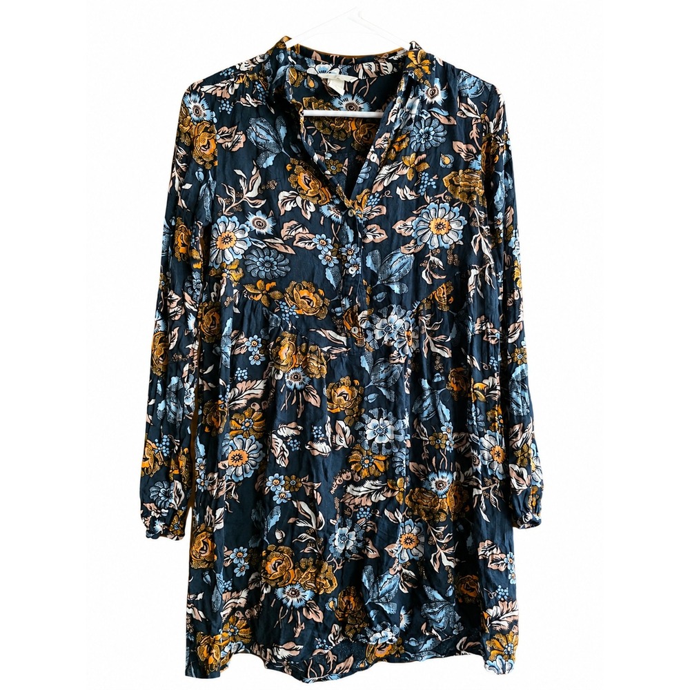 H&M Floral Boho Tunic Blouse Women's Small Navy Blue Mustard Long Sleeve Rayon